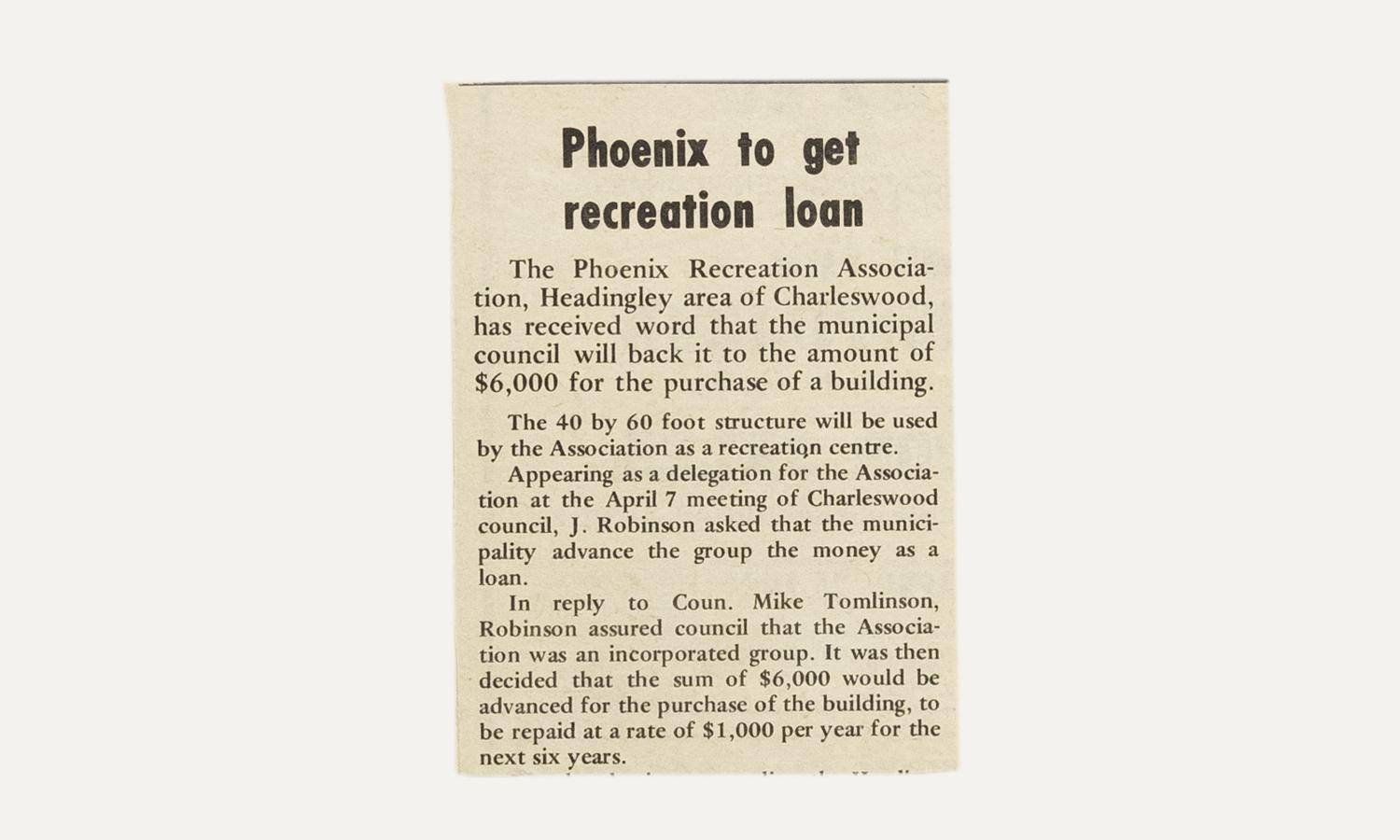 Ad about Pheonix Recreation Association receiving funding for purchase of building. 