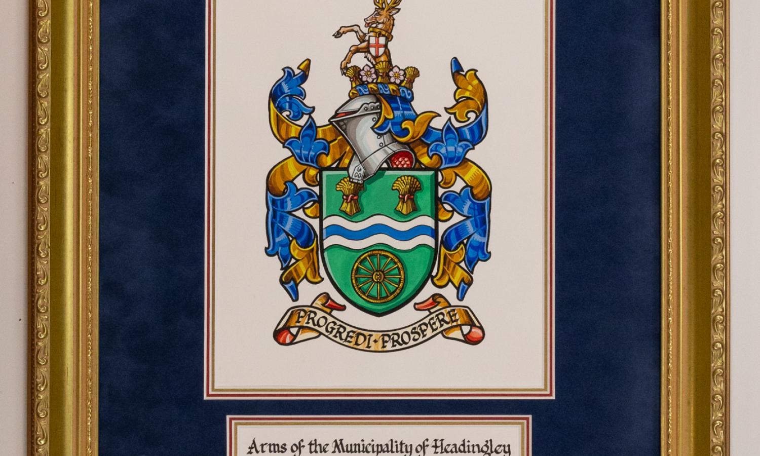 "Arms of the Municipality of Headingely donated by Dr. Robert H. Thorlakson, O.C."