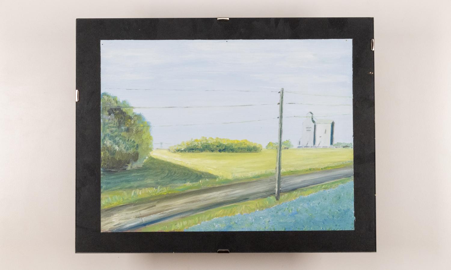 Painting of rural gravel road and grain elevator