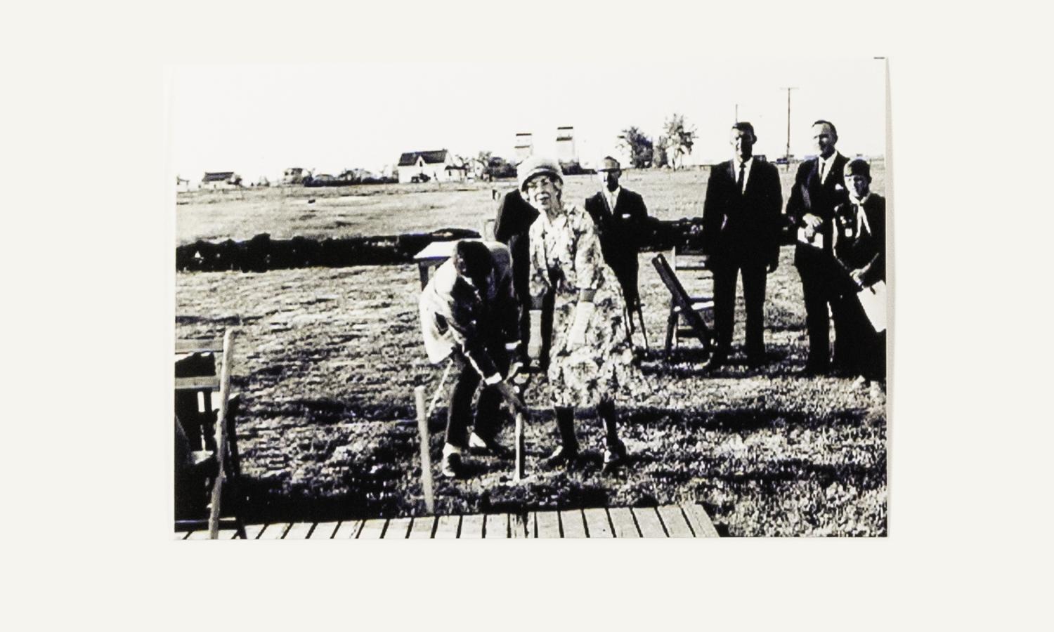 John Curry and Margaret Taylor turning sod. Nick Friesen, Malcolm McGuckin, Ed Russenholt, Board Members of Church