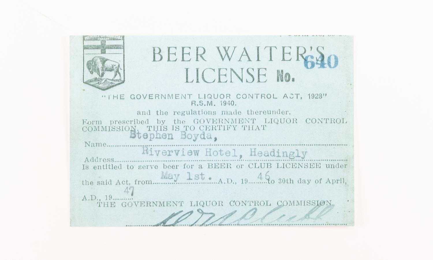 Beer Waiter's License, Stephen Boyda 1946