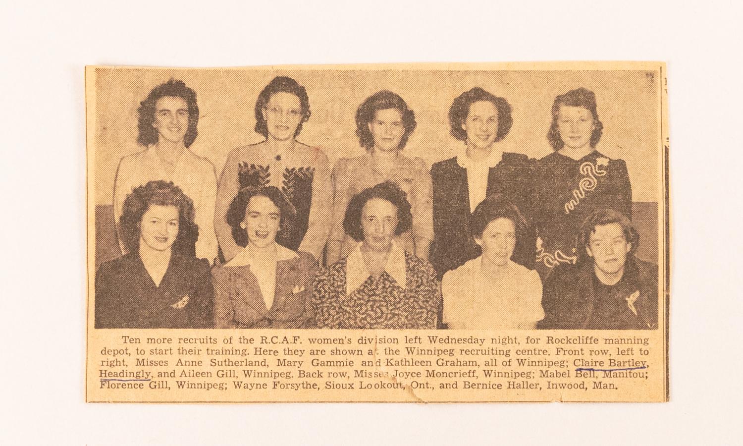 Bartley, Claire - RCAF recruits Claire Bartley (4th from left row) Winnipeg Free Press 