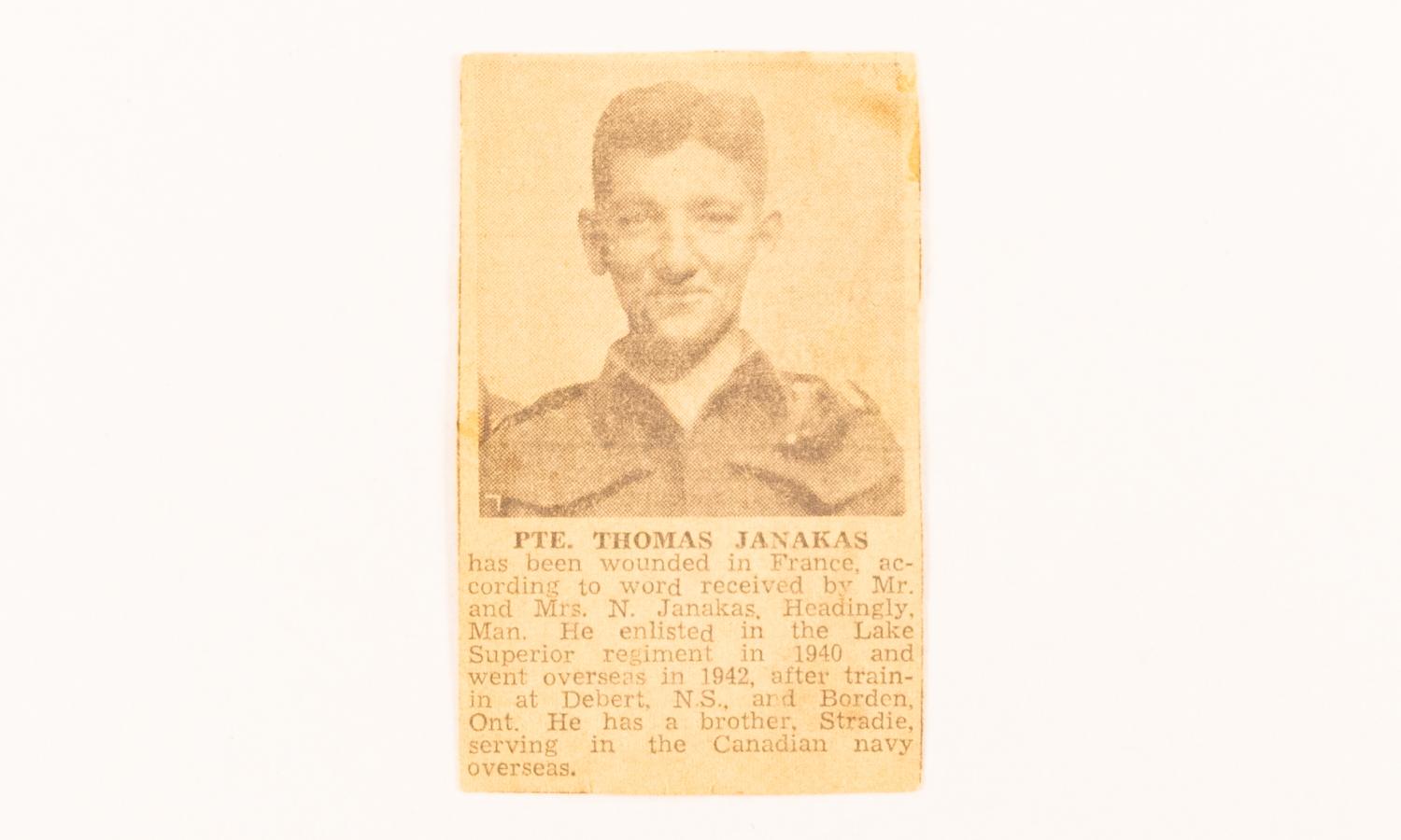 "162-1 Janakas, Thomas - Winnipeg Free Press, nd  162-2 Janakas, Thomas ""Headingley Soldier Has Ride in B-17"" Winnipeg Free Press, January 1945"