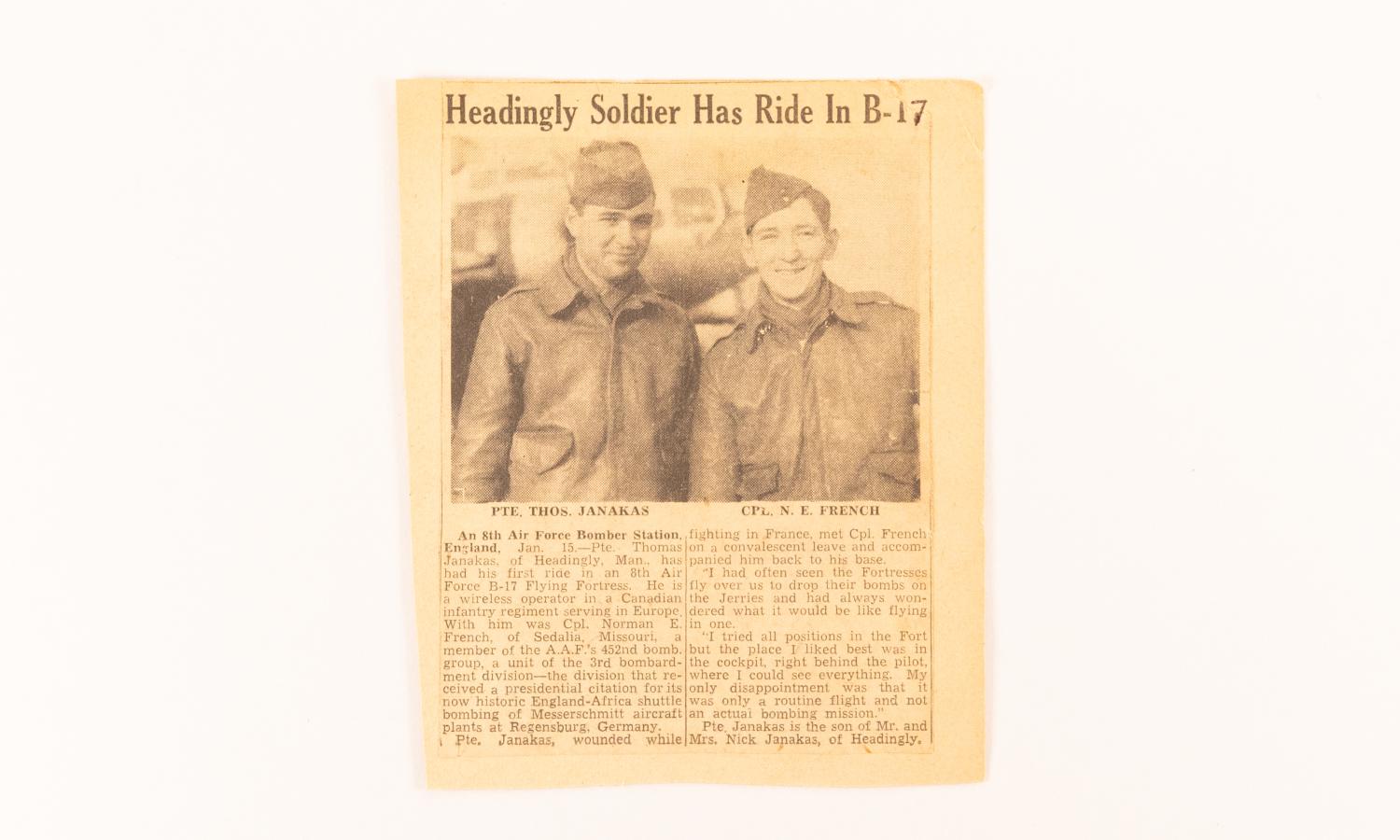 162-2 Janakas, Thomas "Headingley Soldier Has Ride in B-17" Winnipeg Free Press, January 1945