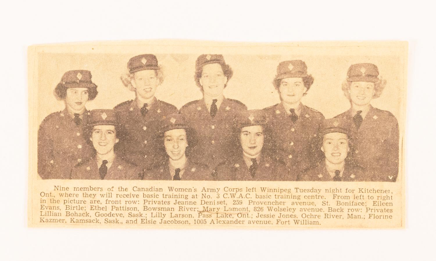 Lamont, Mary - Mary Lamont (right end - front row) Canadian Women's Army Corps recruits Winnipeg Free Press 