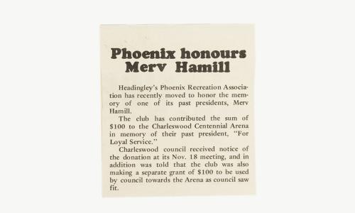 Newspaper clipping about Pheonix Recreation Association moving to honour past association president - Merv Hamill. 