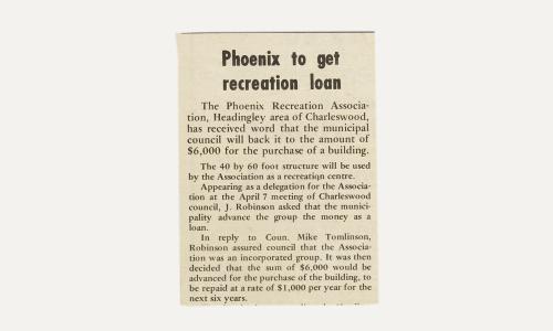 Ad about Pheonix Recreation Association receiving funding for purchase of building. 