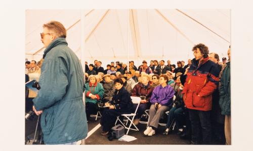 "Bridge Grand Opening:   Large gathering happy to share the opening of the Smart Bridge"