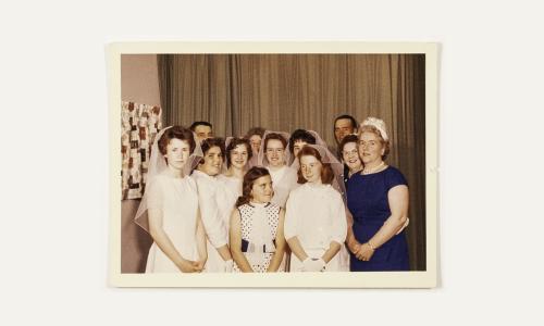 Date unknown. These young girls held their confirmation at the church on Portage Ave. 