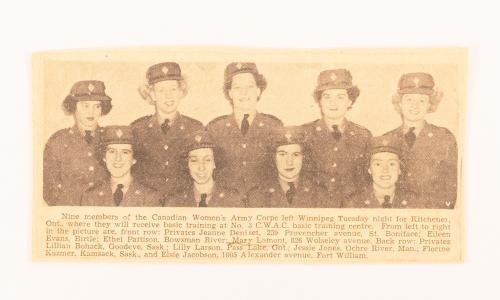 Lamont, Mary - Mary Lamont (right end - front row) Canadian Women's Army Corps recruits Winnipeg Free Press 