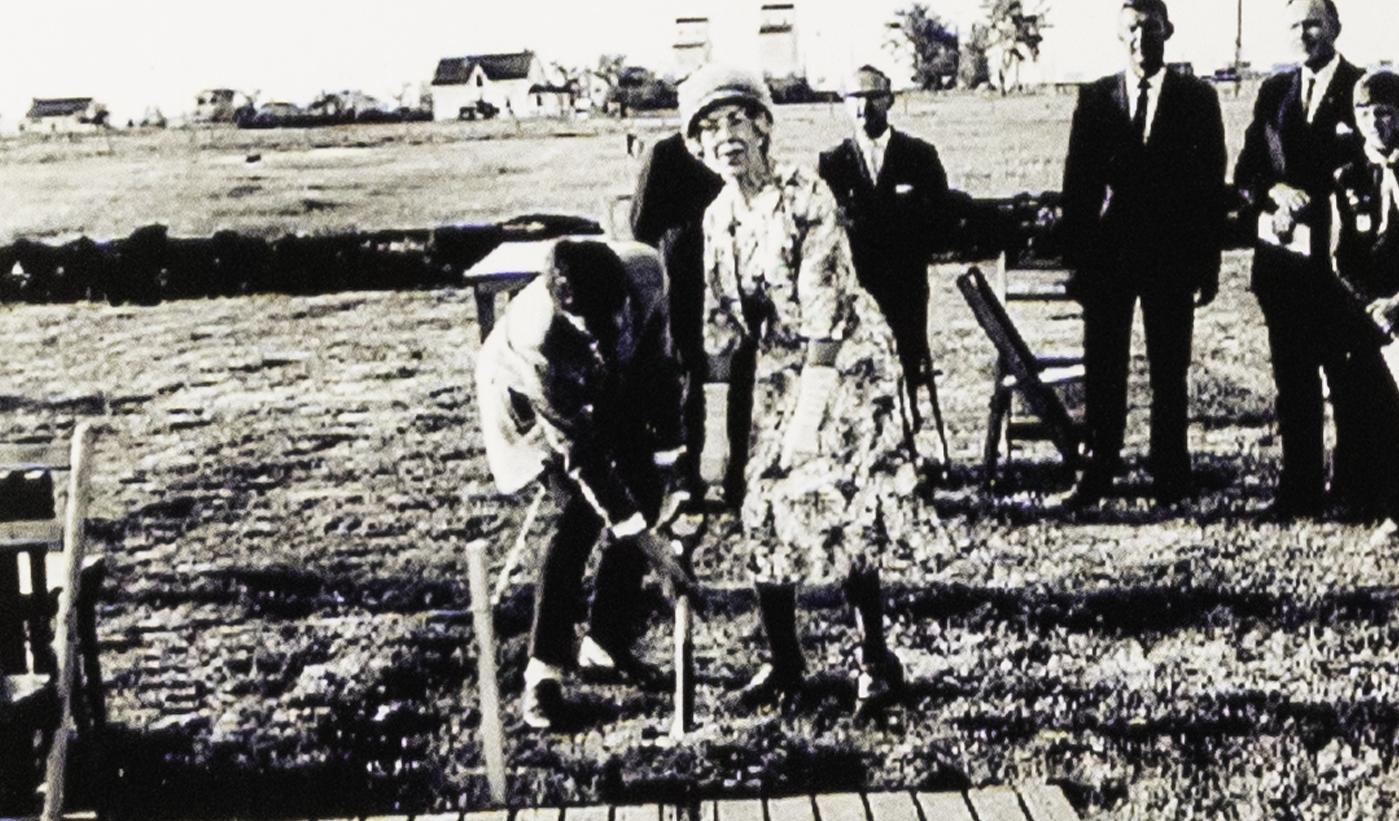 John Curry and Margaret Taylor turning sod. Nick Friesen, Malcolm McGuckin, Ed Russenholt, Board Members of Church