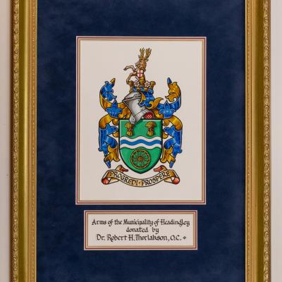 "Arms of the Municipality of Headingely donated by Dr. Robert H. Thorlakson, O.C."