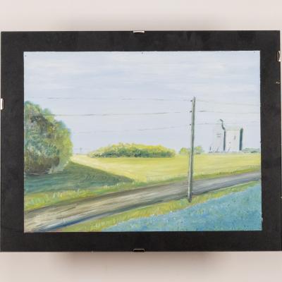 Painting of rural gravel road and grain elevator